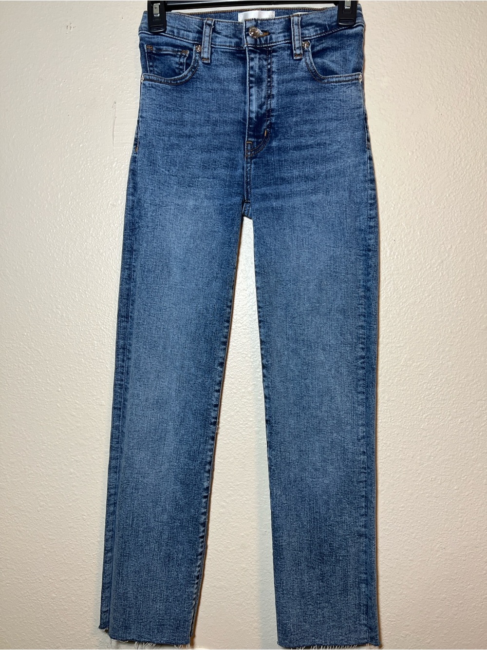 Frame Le Sleek Straight Rowley Raw Fray Size 23 Raw Hem Blue Denim
